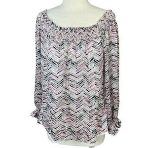House Black Market Smocked Collar & Cuffs Off-Shoulder Blouse Bishop Sleeves Lg